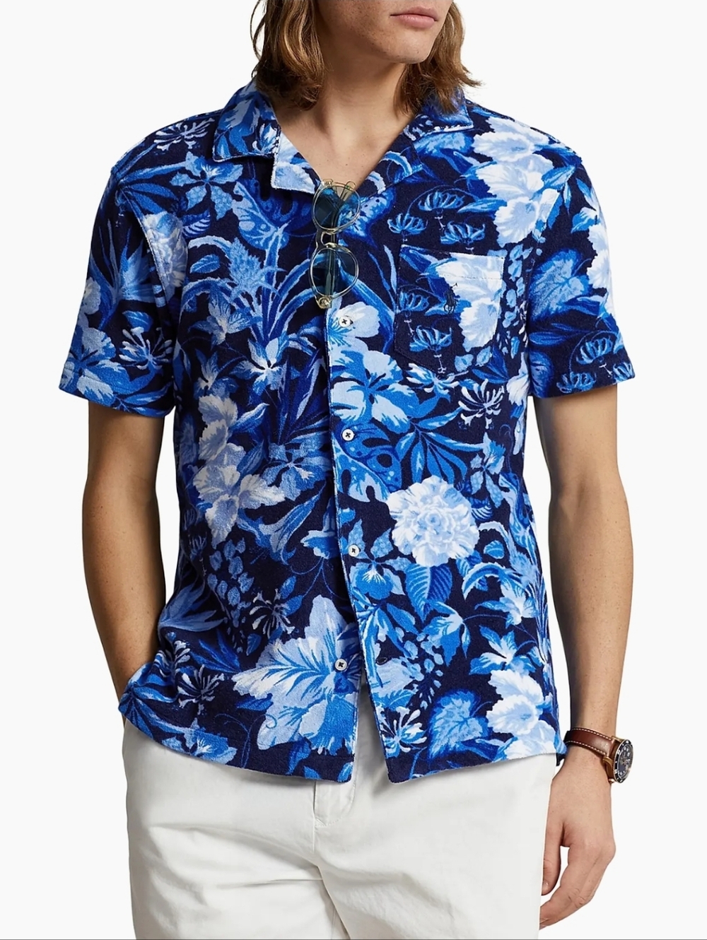 Polo Ralph Lauren Floral Terry Cloth Camp Shirt Blue Hawaiian Beach Toweling L